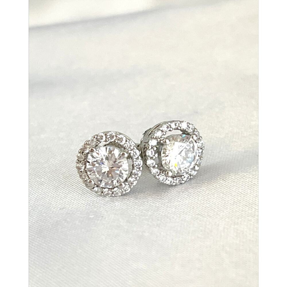 925 CZ Halo Set of 3 - Necklace Earring Ring Set Pendant Stamped - Picture 7 of 15